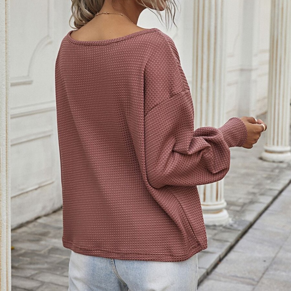oversize off shoulder brick waffle long sleeve top - Picture 4 of 5